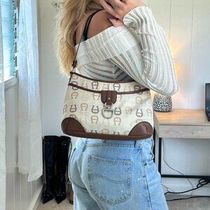 Authentic Etienne Aigner monochrome minimalist cream x deep saddle brown leather